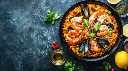 A flat lay of Spanish paella with seafood and saffron rice, with copy space available.の素材