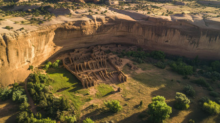 A top view of Canyon de Chelly's dramatic cliffs and ancient ruins, with room for text.の素材