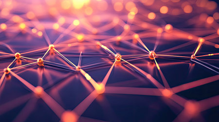 An abstract image of a network of nodes and connections, symbolizing communication technology.の素材