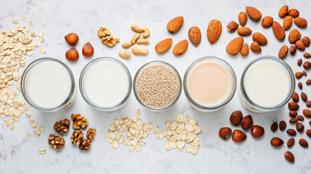 Different plant-based milk options in glass containers, surrounded by corresponding nuts and grains, top view with space.の素材