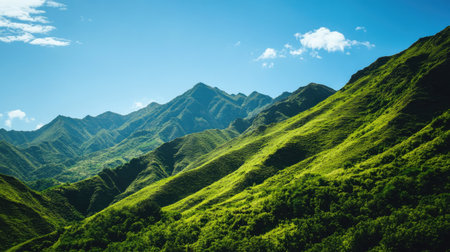 Lush green mountain slopes under a clear blue sky, abundant copy space.の素材