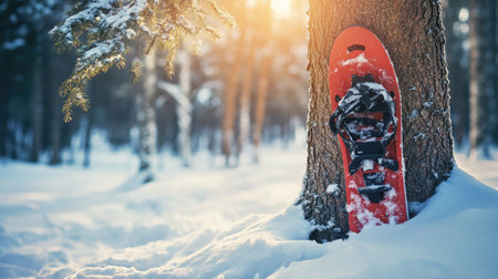 A close-up of a snowshoe resting against a tree in a winter forest. No people, copy space.の素材