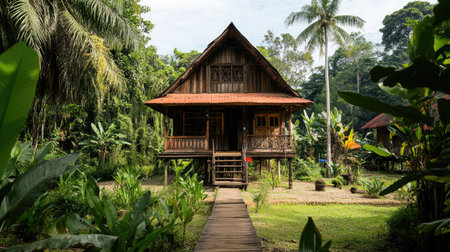 Southeast Asian traditional wooden house surrounded by tropical plants, cultural heritage siteの素材