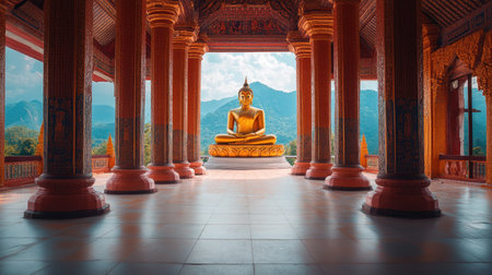 Stunning Southeast Asian temple with golden Buddha statue, spiritual and serene atmosphereの素材