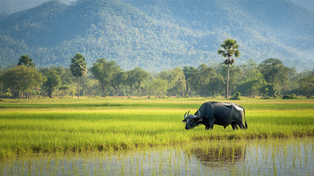 Southeast Asian rice field with water buffalo grazing, tranquil rural scene, no peopleの素材