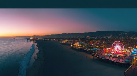 A panoramic view of the Santa Monica Pier with the Ferris wheel at dusk. No people, copy space.の素材