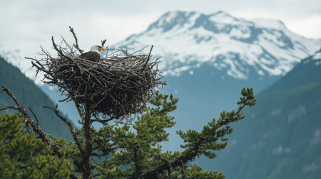 A close-up of a bald eagle's nest high in a tree with mountains in the background. No people, copy space.の素材