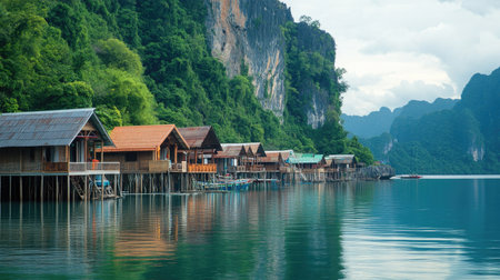 Traditional Southeast Asian fishing village with stilt houses, calm water, and mountain backdropの素材