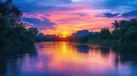 Stunning Southeast Asian sunset over a tranquil river, vibrant colors in the sky, peaceful sceneの素材