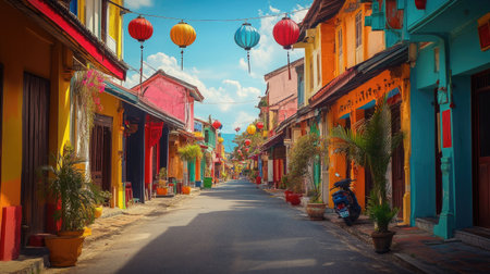 Vibrant Southeast Asian street with colorful buildings and traditional architecture, cultural charmの素材