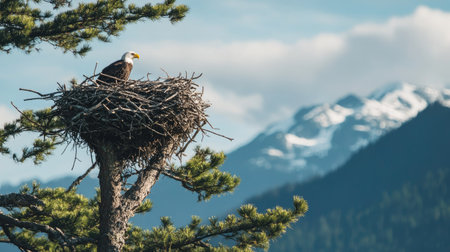 A close-up of a bald eagle's nest high in a tree with mountains in the background. No people, copy space.の素材