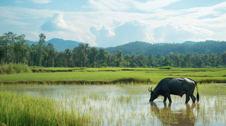 Southeast Asian rice field with water buffalo grazing, tranquil rural scene, no peopleの素材