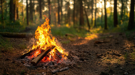 A close-up of a campfire burning brightly in a forest clearing. No people, copy space.の素材