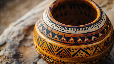 A close-up of a handmade Native American pottery with intricate designs. No people, copy space.の素材