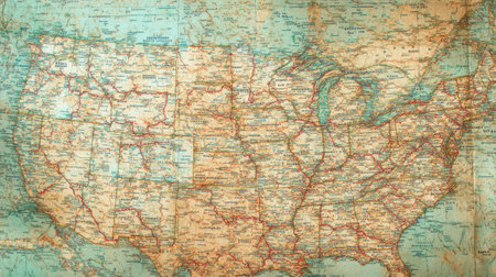 A close-up of a vintage American road map with marked highways. No people, copy space.の素材