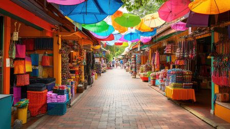 Traditional Southeast Asian market street with colorful stalls and vibrant displays, no peopleの素材