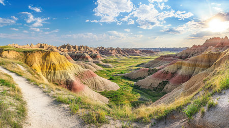 A panoramic view of the Badlands National Park with colorful rock layers. No people, copy space.の素材