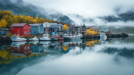 A quiet harbor with fishing boats docked in a small Alaskan town. No people, copy space.の素材