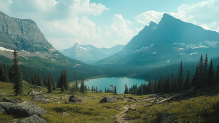 A panoramic view of the Glacier National Park with towering peaks and valleys. No people, copy space.の素材