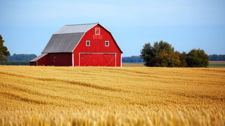 A classic red barn surrounded by golden wheat fields in the Midwest. No people, copy space.の素材