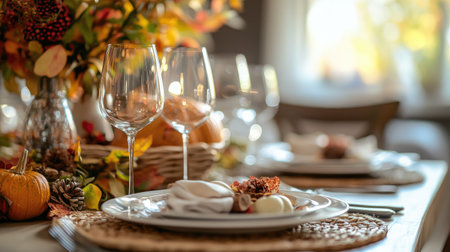 A close-up of a traditional Thanksgiving table setting with autumn decorations. No people, copy space.の素材
