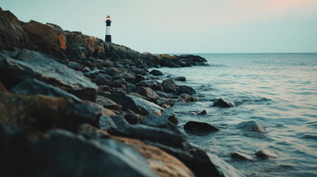 A close-up of a lighthouse standing on a rocky shoreline in Maine. No people, copy space.の素材