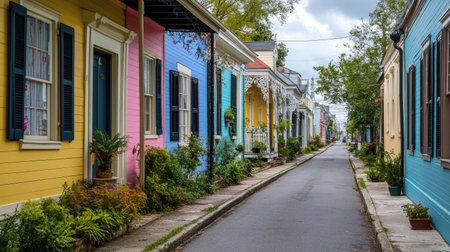 A quiet street in a historic New Orleans neighborhood with colorful houses. No people, copy space.の素材