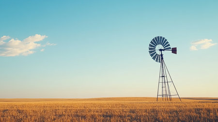 A close-up of an old-fashioned windmill on the prairies of Kansas. No people, copy space.の素材