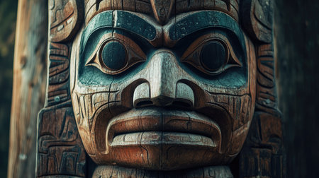A close-up of a Native American totem pole with intricate carvings. No people, copy space.の素材