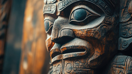 A close-up of a Native American totem pole with intricate carvings. No people, copy space.の素材
