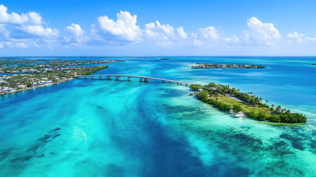 A panoramic view of the Florida Keys with turquoise waters and bridges. No people, copy space.の素材