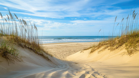 A quiet beach on the Outer Banks of North Carolina with sand dunes. No people, copy space.の素材