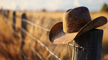 A close-up of a cowboy hat hanging on a fence post in a Texas ranch. No people, copy space.の素材