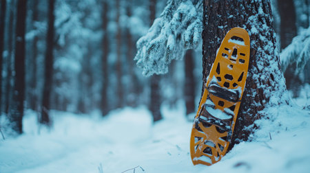 A close-up of a snowshoe resting against a tree in a winter forest. No people, copy space.の素材