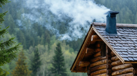A close-up of a traditional log cabin with smoke rising from the chimney. No people, copy space.の素材