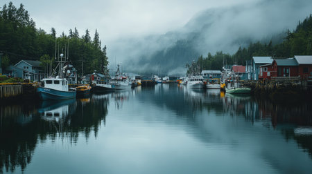 A quiet harbor with fishing boats docked in a small Alaskan town. No people, copy space.の素材
