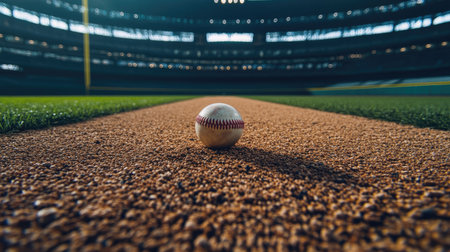 A close-up of a baseball resting on the pitcher's mound in an empty stadium. No people, copy space.の素材