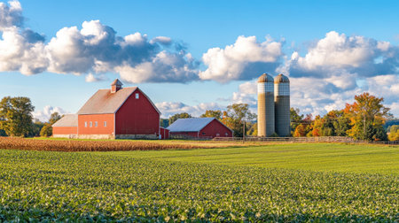 A quiet farm with a red barn and silos in the rural Midwest. No people, copy space.の素材