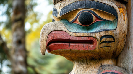 A close-up of a totem pole in a Pacific Northwest tribal village. No people, copy space.の素材