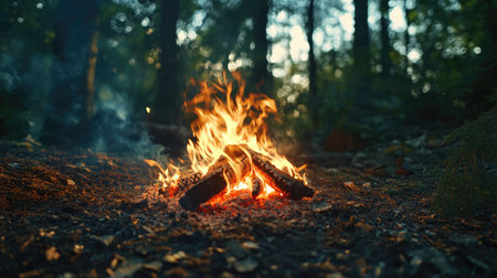 A close-up of a campfire burning brightly in a forest clearing. No people, copy space.の素材