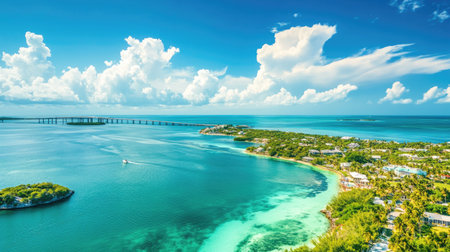 A panoramic view of the Florida Keys with turquoise waters and bridges. No people, copy space.の素材