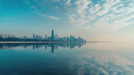 A panoramic view of the Chicago skyline reflected in Lake Michigan. No people, cityscape with copy space.の素材