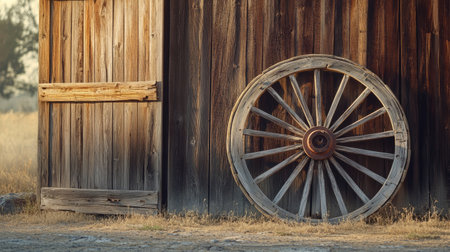 A close-up of an old wooden wagon wheel leaning against a barn in Texas. No people, copy space.の素材