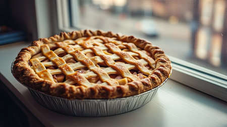 A close-up of a traditional American apple pie cooling on a windowsill. No people, copy space.の素材