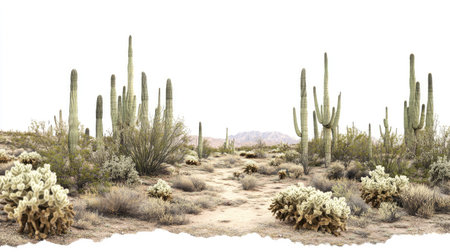 A panoramic view of the Arizona desert with towering cacti and a clear sky. No people, copy space.の素材