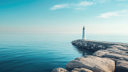 A serene view of the Great Lakes with a lighthouse in the distance. No people, copy space.の素材