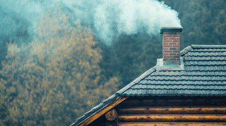 A close-up of a traditional log cabin with smoke rising from the chimney. No people, copy space.の素材