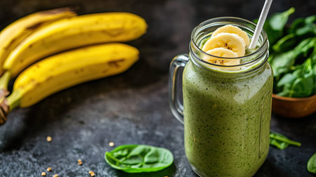 Protein smoothie with banana and spinach, served in a mason jar, nutritious drinkの素材