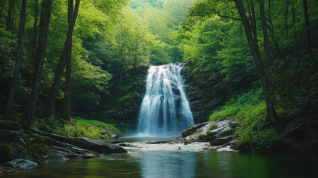 A serene view of a waterfall in the Smoky Mountains surrounded by greenery. No people, copy space.の素材