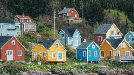 A quiet fishing village on the coast of Nova Scotia with colorful houses. No people, copy space.の素材